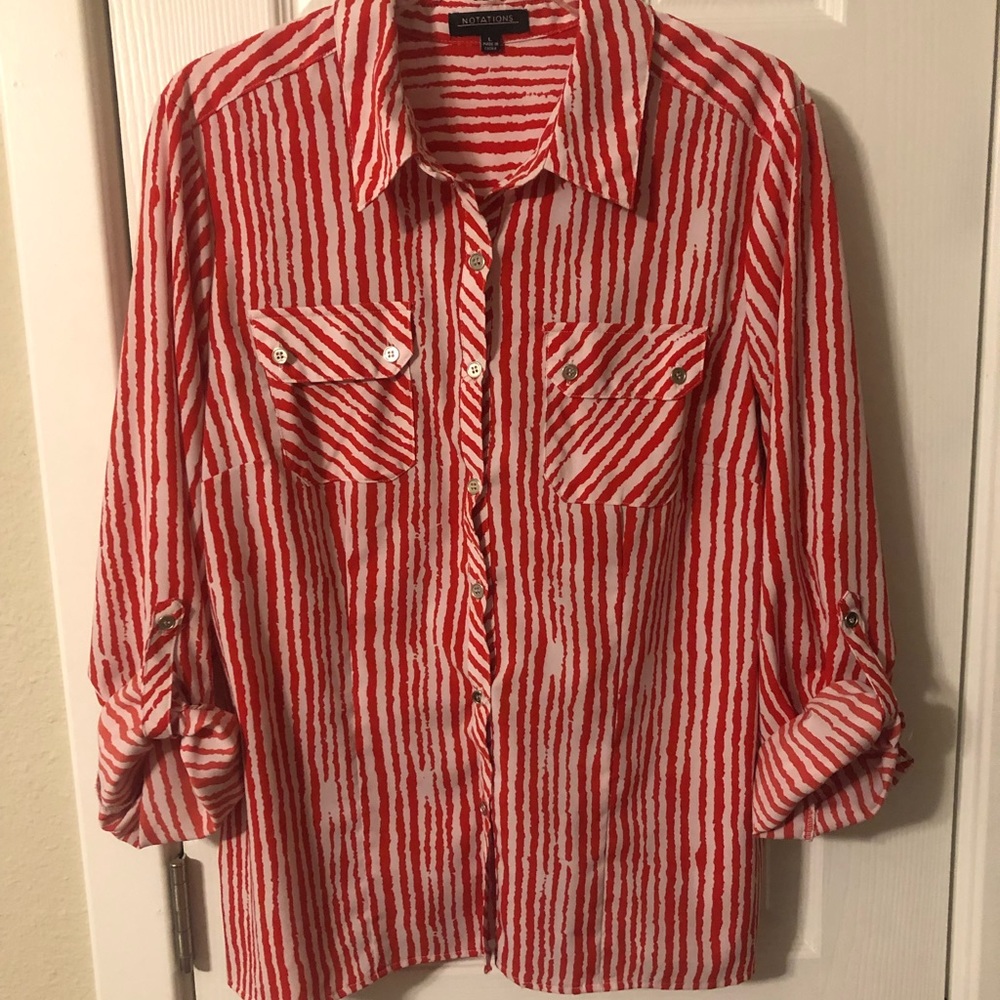 Notations red striped quarter sleeve blouse